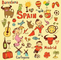 the spanish language poster has many different things on it's back ground, including an image of people and animals