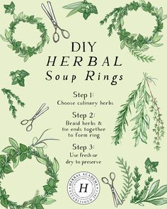 the front cover of a book with scissors and greenery on it, which reads diy herbal soup rings