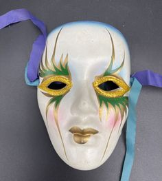 Green and Gold Bursts Mardi Gras Masquerade Porcelain Face Wall Decor 4.5" x 3". FAST SHIPPING!!! Ceramic Masks, Mardi Gras Masks, Mardi Gras Masquerade, Ceramic Mask, Face Wall, Mardi Gras Mask, Inspiration Art, Face Painting, Mardi Gras