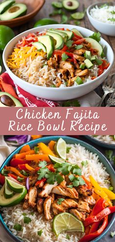 chicken fajita rice bowl recipe with peppers, avocado and cilantro