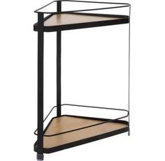 a black metal and wood shelf with two shelves on each side, one is empty