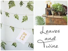 plants and twine are hanging on the clothesline next to an old dresser with a sign that says leaves and twine