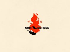 a red fire with the words com estible on it and a black frying pan