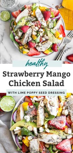 strawberry mango chicken salad with lime poppy seed dressing