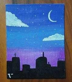 an acrylic painting of a city at night with the moon in the sky