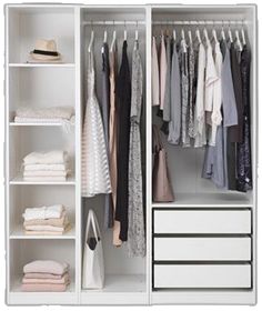 an organized closet with clothes and shoes