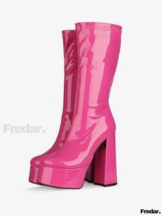 Fredar - Premium Patent Leather Mid Calf Boots with Chunky Heel and Platform - Exquisite Womens High Heel Footwear Leather Mid Calf Boots, Womens High Boots, Leather High Heel Boots, Women Platform Shoes, Womens Chunky Heels, Platform Heels Chunky, Womens Mid Calf Boots, Decorated Shoes