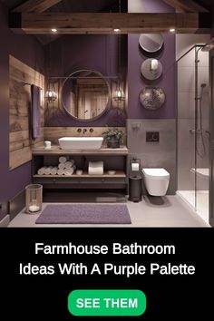 purple farmhouse bathroom Purple And Brown Bathroom, Purple And Grey Bathroom, Bathroom 2025, Purple Farmhouse, Farmhouse Bathroom Inspiration, Brown Tile Bathroom, Farmhouse Color Scheme, Future Bathroom