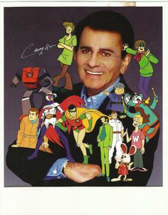 an advertisement for the animated television series, scooby doos with a smiling man surrounded by cartoon characters