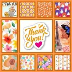 a thank card with the words thank you on it and images of flowers, butterflies, and