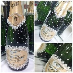 bottles of champagne with pearls on them are shown in three different pictures, one is green and the other is black