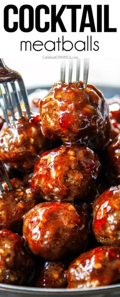 the meatballs are covered in barbecue sauce and have a fork stuck into them to eat