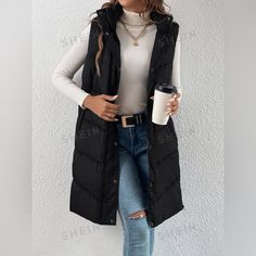 Black Puffer Vest. New Without Tag. Never Been Worn. Vest And Jeans, Black Puffer Vest, Winter Outfit Inspiration, Padded Coat, Black Puffer, Puffer Vest, Jean Outfits, Zip Ups, Puffer