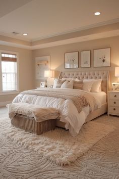 a large bed sitting in the middle of a bedroom next to two lamps on either side of it