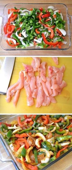 four pictures showing different stages of cooking vegetables and meats in the process of being cooked