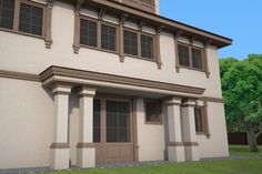 a large white house with brown trim and windows