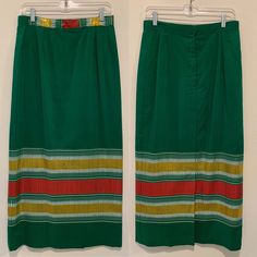 1980's Vintage Skirt ~ African Colors ~ Green, Red and Gold Embroidery, Zips Up The Back ~ Size Medium ~ Great Quality And Condition I will be mailing Priority Mail and First Class International. Measurements ~ This skirt has a Kick Pleat In Back bottom as shown Waist ~ 30 Inch Hips ~ 38 Inch Length ~ 38 Inch Vintage Green Long Skirt, Green Vintage Long Skirt, Vintage Long Green Skirt, Retro Green Long Skirt Bottoms, Retro Green Long Skirt, Vintage Green Skirt, 1950 Vintage Dresses, African Colors, 1960's Dress