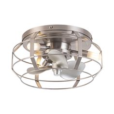 a ceiling light with an industrial cage design on the bottom and two white lights at the top