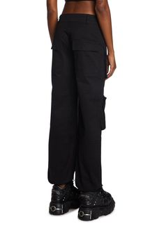 too many critics, not enough credentials. Nothin' real can be threatened in these high waist cargo pants that have a front zip closure, multiple pockets, and a relaxed fit. Black Straight Leg Techwear Cargo Pants, Black Utility Parachute Pants With Belt Loops, Black Relaxed Fit Cargo Jeans With Hip Pockets, Black Techwear Cargo Pants Straight Leg, Black Cargo Pants With Belt Loops For Work, Black Cotton Cargo Jeans With Functional Pockets, Black Techwear Work Pants With Pockets, Black Work Pants With Pockets For Streetwear, Black Combat Straight Leg Pants