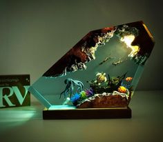 a glass sculpture with an underwater scene in the center on a table next to a box