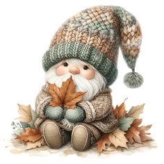 a figurine is sitting on top of leaves and wearing a knitted hat