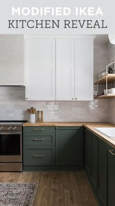 a kitchen with green cabinets and white cupboards on the wall, wood flooring