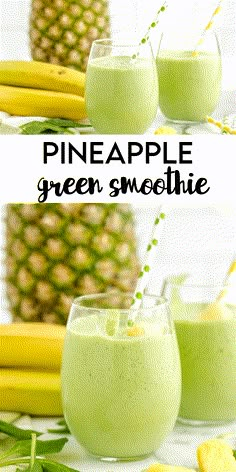 pineapple green smoothie in glasses with straws