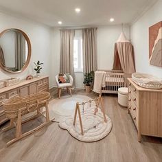 a baby's room is decorated in neutral colors