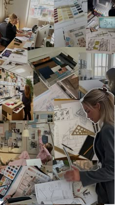 a collage of photos showing people working in an office