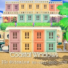 an advertisement for coastal windows on the front of a building with lots of windows and doors