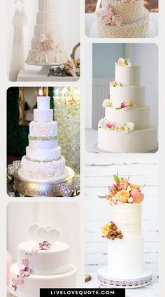 wedding cakes with flowers on them are arranged in four different pictures and the words live love photography