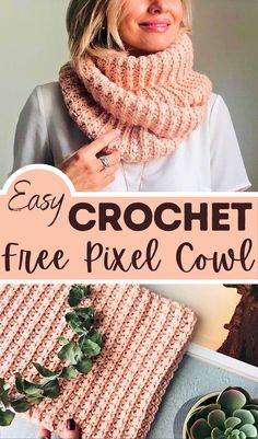 an easy crochet scarf with text overlay that reads, easy crochet fire pixel cowl