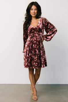 Teri Velvet Short Dress | Auburn Multi - Baltic Born Anniversary Party Dress Guest, Fall Wedding Guest Dress Long Sleeve, Fall Wedding Guest Dress October Casual, Velvet Floral Dress Outfit, Midi Fall Dress, Festive Short Sleeve Floral Embroidered Dress, Wedding Guest Dress October, Spring Velvet Long Sleeve Dress, Plus Size Holiday Party Outfit