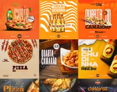 several different posters with pizzas and other food items on the same page as well as an orange background