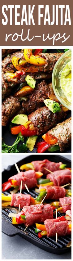 steak fajita on skewers with vegetables and sauce