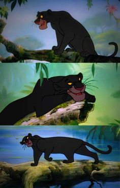 the jungle book is shown in two different pictures, one black panther and one white tiger