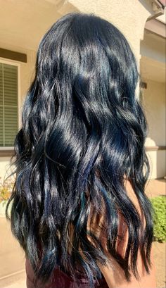 Blueberry Highlights Hair, Different Dark Hair Colors, Hair Dye Over Dark Hair, Black Hair With Dark Blue Underneath, Black Hair With Blue Tint Dark, Dark Hair With Indigo Highlights, Blue Hair On Dark Brown Hair, Indigo Highlights Brown Hair, Midnight Blueberry Black Hair