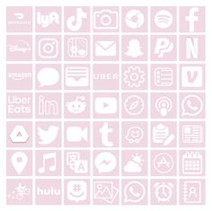 a pink and white poster with various icons