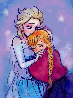 a drawing of two girls hugging each other