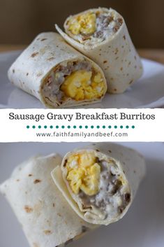 sausage and gravy breakfast burritos on a white plate with text overlay