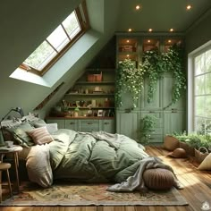 an attic bedroom with wooden floors and green walls, along with lots of greenery