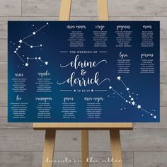 a blue wedding seating chart on an easel with stars and the names of each star