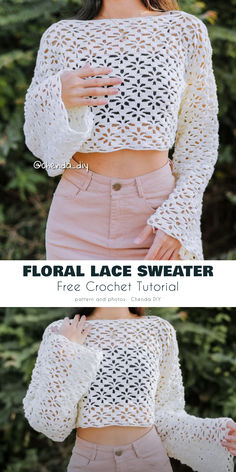 a woman wearing a white crop top and pink shorts with the words floral lace sweater over her