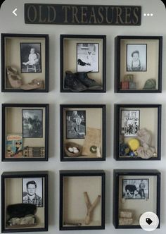 there are many framed pictures on the wall with old treasuress written above them in black frames