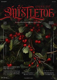 the front cover of an illustrated magazine with holly leaves and red berries on black background