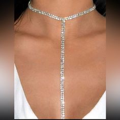 This Unique Piece Is A Wonderful Addition To Your Wardrobe And Your Style; Sure To Get Lots Of Compliments! Gshmjx00w00mqrs Long Choker Necklace, Body Chains, Sequin Pants, Sequin Blazer, Rhinestone Decor, Lariat Necklace, Rhinestone Necklace, Clear Rhinestones, Engagement Gifts