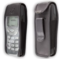 two cell phones are sitting next to each other on a white background, one is open and the other has a leather case