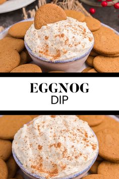 Two image collage of eggnog dip. First image shows the dip with a cookie in it. Second image is a close up of the dip. Eggnog Dip, Eggnog Dessert, Fridge Smells, Easy Eggnog, Simply Stacie, Whipped Shortbread Cookies, Christmas Appetizer, Dipped Cookies