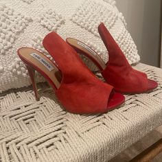 Steve Madden Red Hot Heels - Size 8 1/2 Never Worn! Suede Upper Suede Heels With Red Sole And Almond Toe, Bold Open Heel Heels With Sculpted Heel, Chic Red Heels With Reinforced Heel, Bold Heels With Sculpted Open Heel, Spring Almond Toe Heels With Red Sole, Bold Heels With Wrapped Heel, Red Heels With Reinforced Heel And Almond Toe, Bold Open Heel Heels With Sculpted Design, Red Slip-on Heels For Party