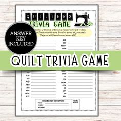 a quilt trivia game with the words, answer key included and an image of a sewing machine